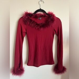 True Light USA Vintage Red Blouse with fur trimming